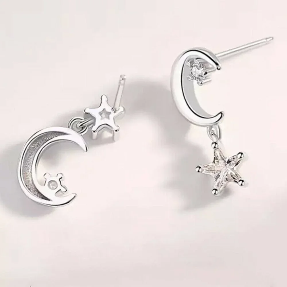 NEW 925 Silver White Sapphire Star & Moon Earrings